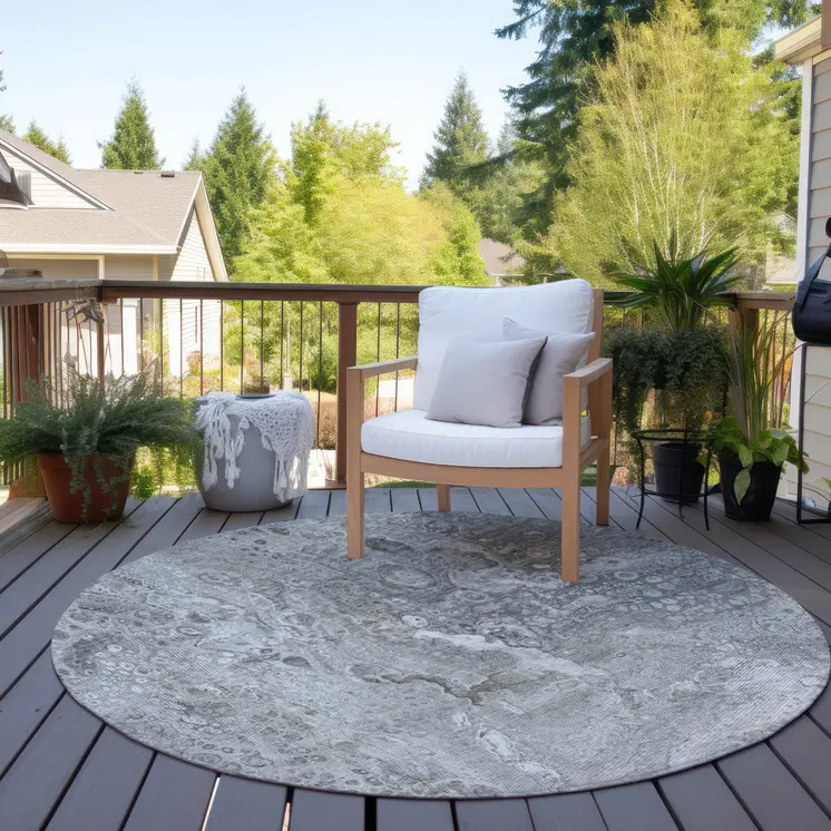 8' Silver Gray And Taupe Round Abstract Washable Indoor Outdoor Area Rug