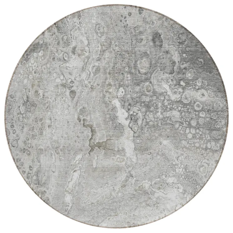 8' Silver Gray And Taupe Round Abstract Washable Indoor Outdoor Area Rug