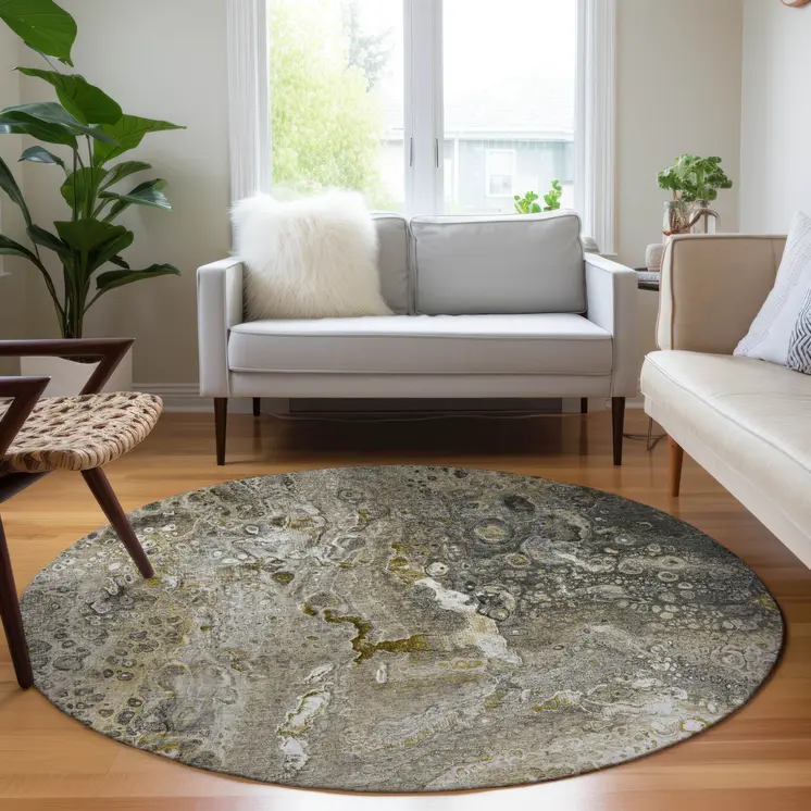 8' Taupe Brown And Beige Round Abstract Washable Indoor Outdoor Area Rug