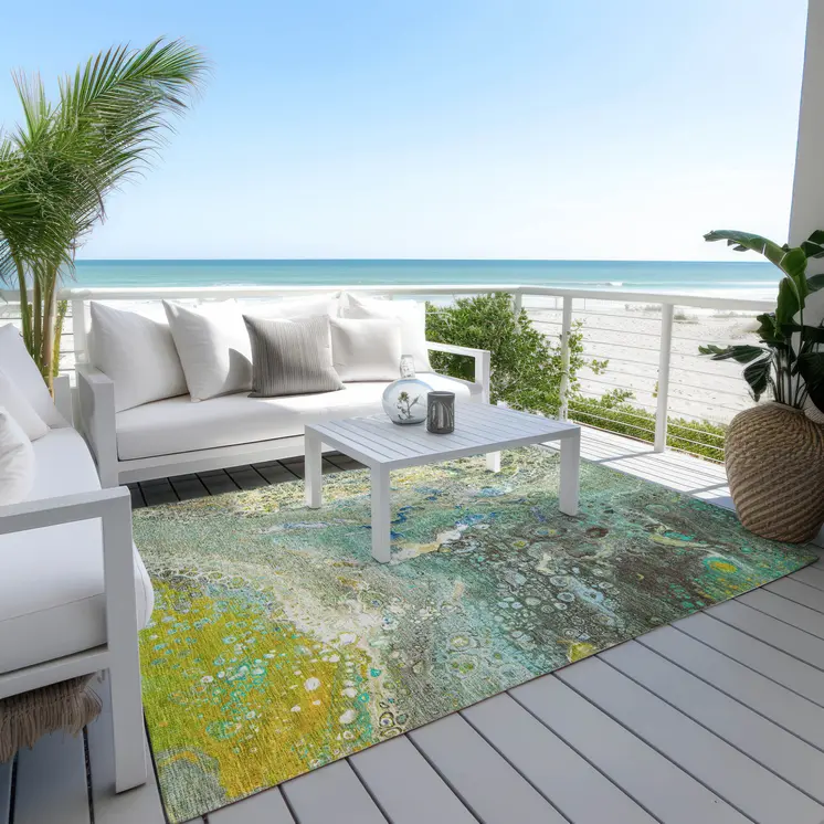 5' X 8' Teal Blue Lime Green And Green Abstract Washable Indoor Outdoor Area Rug