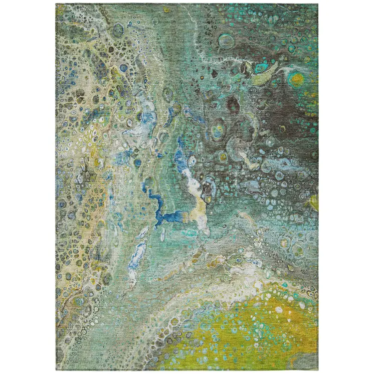 5' X 8' Teal Blue Lime Green And Green Abstract Washable Indoor Outdoor Area Rug