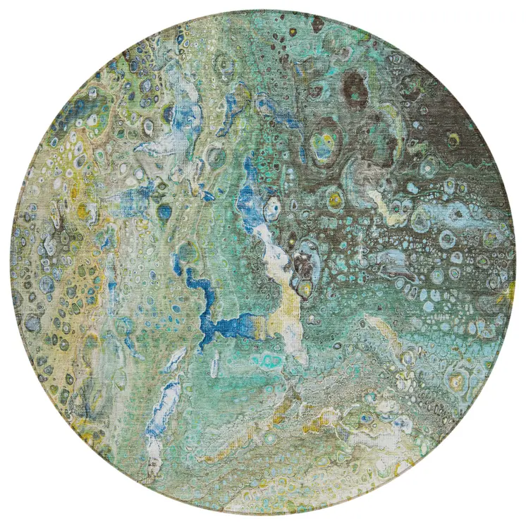 8' Teal Blue Lime Green And Green Round Abstract Washable Indoor Outdoor Area Rug