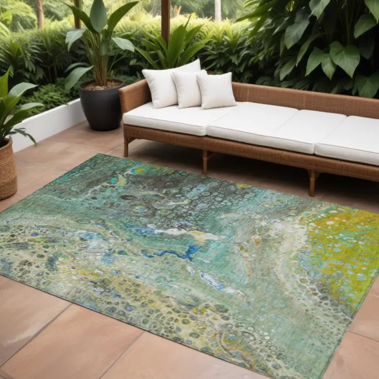 10' X 14' Teal Blue Lime Green And Green Abstract Washable Indoor Outdoor Area Rug
