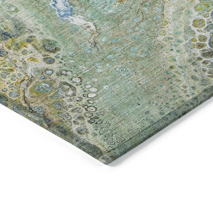 10' X 14' Teal Blue Lime Green And Green Abstract Washable Indoor Outdoor Area Rug