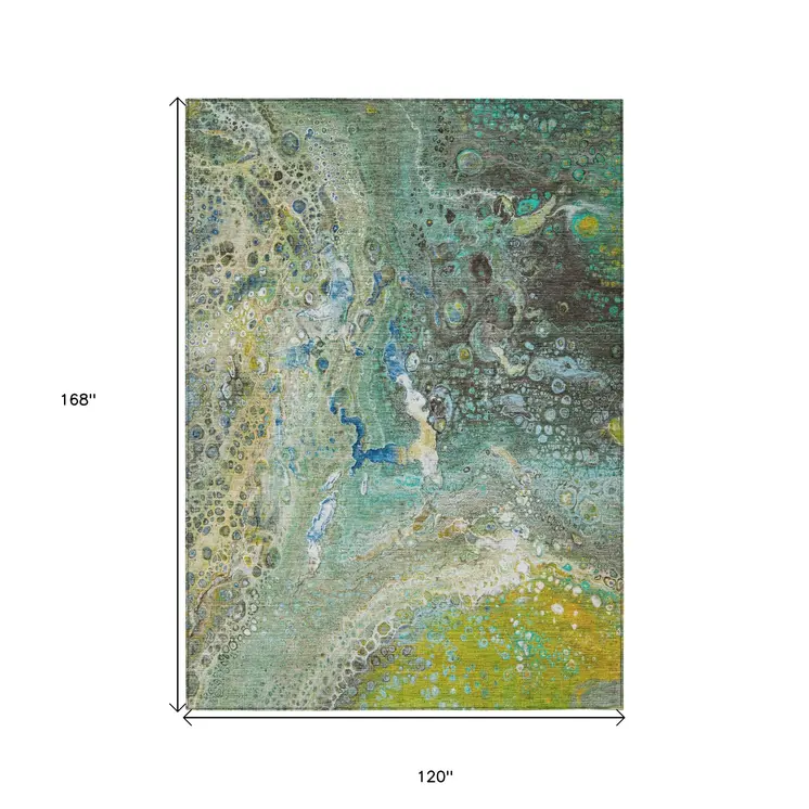 10' X 14' Teal Blue Lime Green And Green Abstract Washable Indoor Outdoor Area Rug