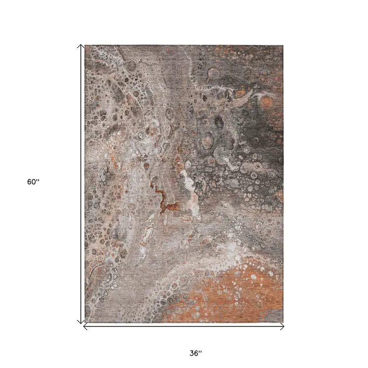 3' X 5' Terra Cotta Copper And Gray Abstract Washable Indoor Outdoor Area Rug