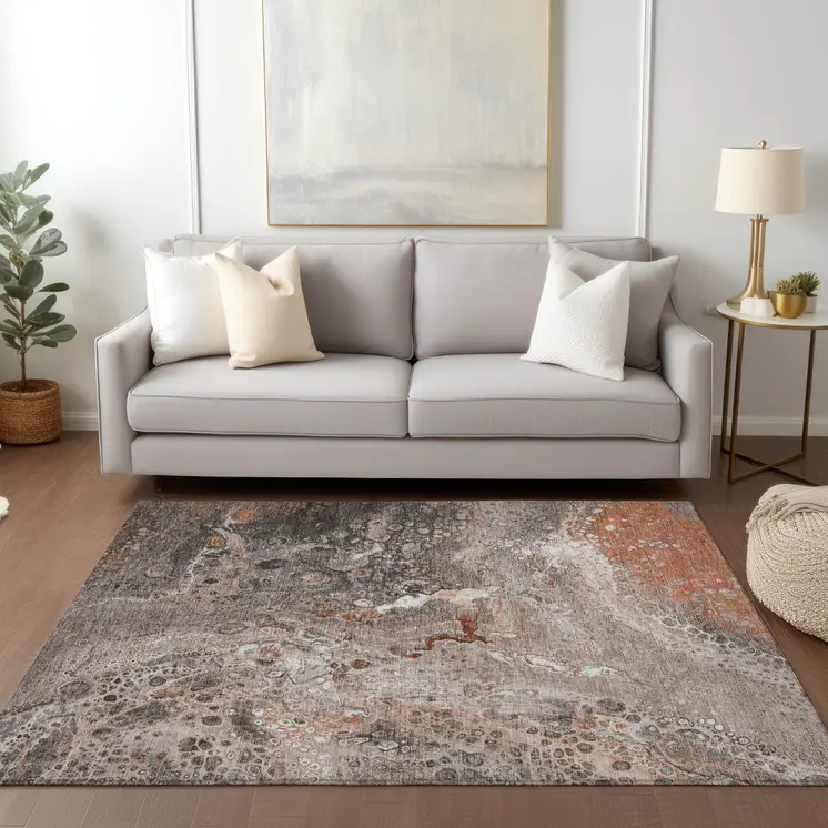 5' X 8' Terra Cotta Copper And Gray Abstract Washable Indoor Outdoor Area Rug