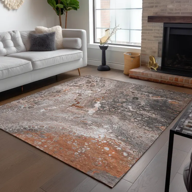 5' X 8' Terra Cotta Copper And Gray Abstract Washable Indoor Outdoor Area Rug