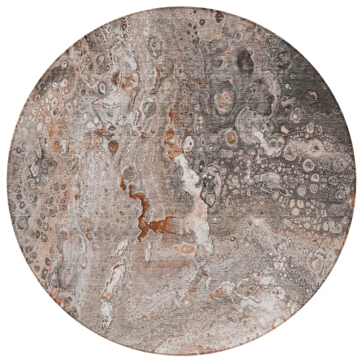 8' Terra Cotta Copper And Gray Round Abstract Washable Indoor Outdoor Area Rug