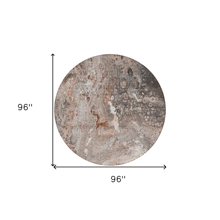 8' Terra Cotta Copper And Gray Round Abstract Washable Indoor Outdoor Area Rug