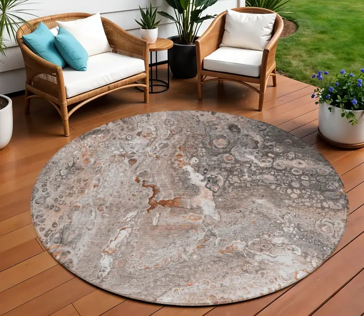 8' Terra Cotta Copper And Gray Round Abstract Washable Indoor Outdoor Area Rug