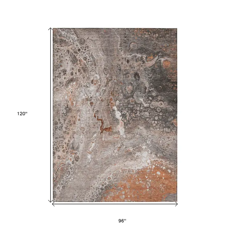 8' X 10' Terra Cotta Copper And Gray Abstract Washable Indoor Outdoor Area Rug