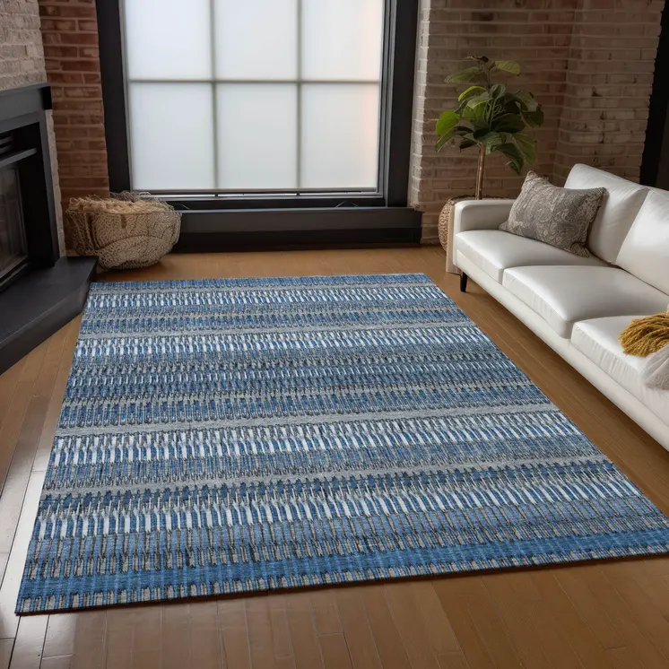 3' X 5' Denim Blue And Ivory Striped Washable Indoor Outdoor Area Rug