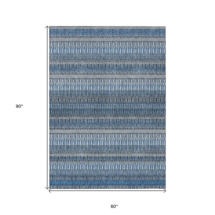 5' X 8' Denim Blue And Ivory Striped Washable Indoor Outdoor Area Rug