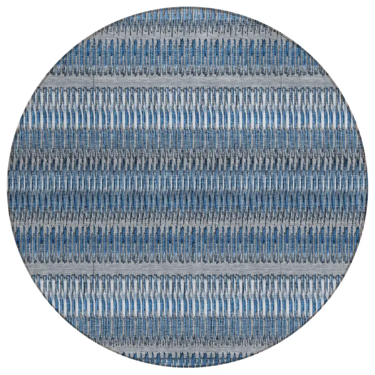 8' Denim Blue And Ivory Round Striped Washable Indoor Outdoor Area Rug