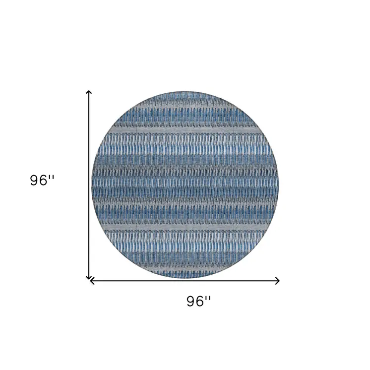 8' Denim Blue And Ivory Round Striped Washable Indoor Outdoor Area Rug