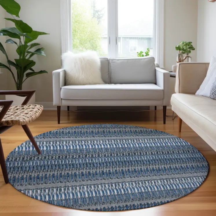8' Denim Blue And Ivory Round Striped Washable Indoor Outdoor Area Rug