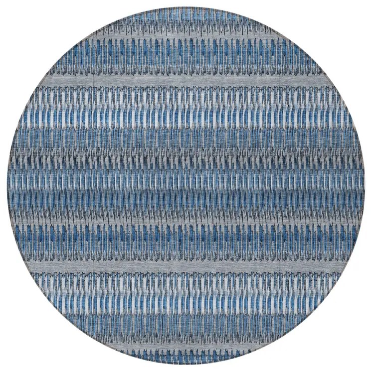 8' Denim Blue And Ivory Round Striped Washable Indoor Outdoor Area Rug
