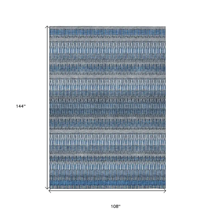 9' X 12' Denim Blue And Ivory Striped Washable Indoor Outdoor Area Rug