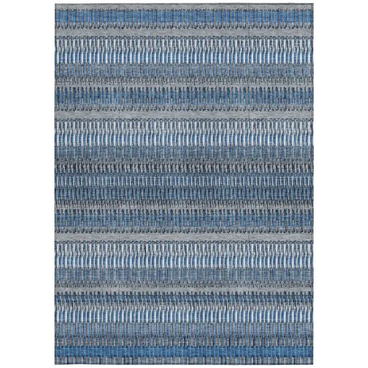 10' X 14' Denim Blue And Ivory Striped Washable Indoor Outdoor Area Rug