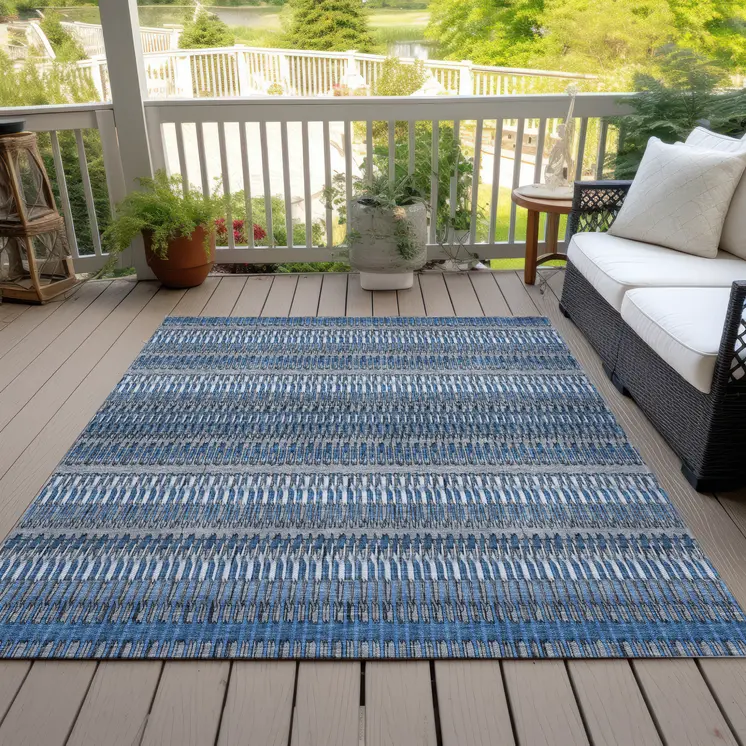 10' X 14' Denim Blue And Ivory Striped Washable Indoor Outdoor Area Rug