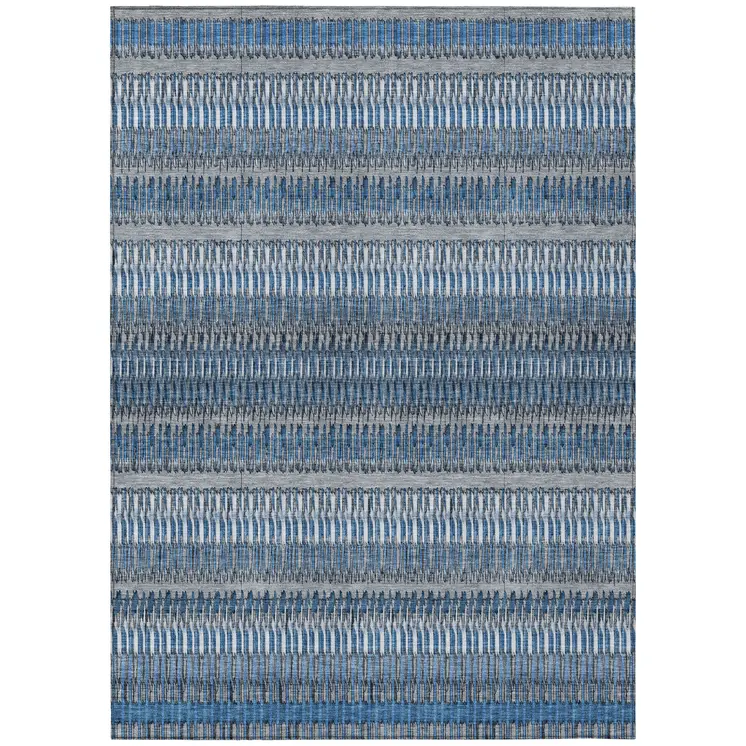 10' X 14' Denim Blue And Ivory Striped Washable Indoor Outdoor Area Rug