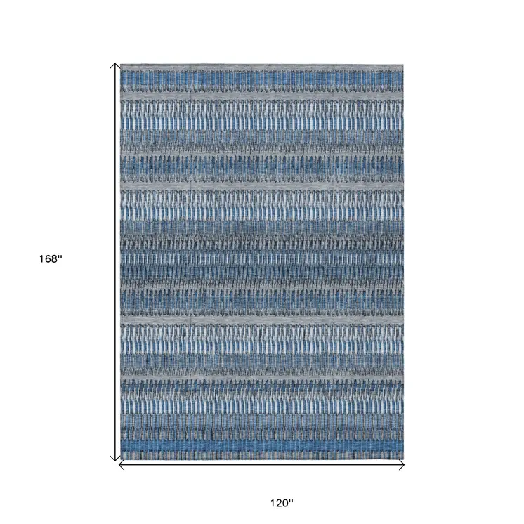 10' X 14' Denim Blue And Ivory Striped Washable Indoor Outdoor Area Rug