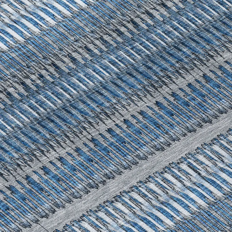 10' X 14' Denim Blue And Ivory Striped Washable Indoor Outdoor Area Rug