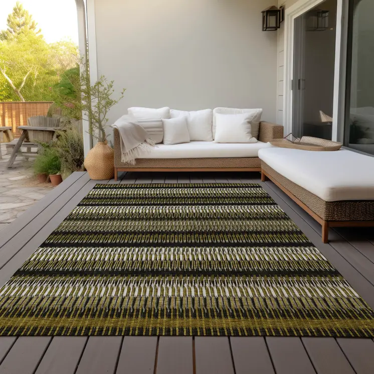 5' X 8' Brown Ivory And Black Striped Washable Indoor Outdoor Area Rug