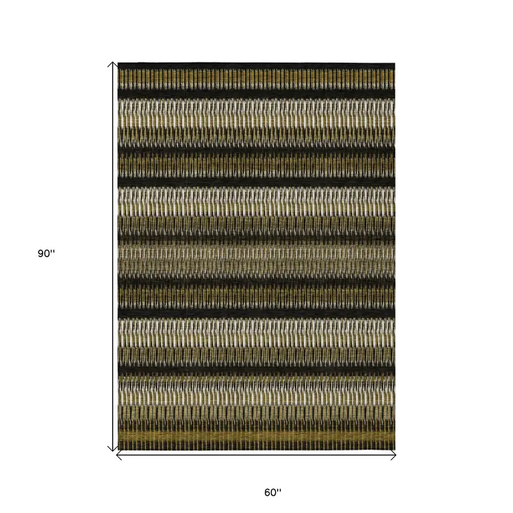 5' X 8' Brown Ivory And Black Striped Washable Indoor Outdoor Area Rug