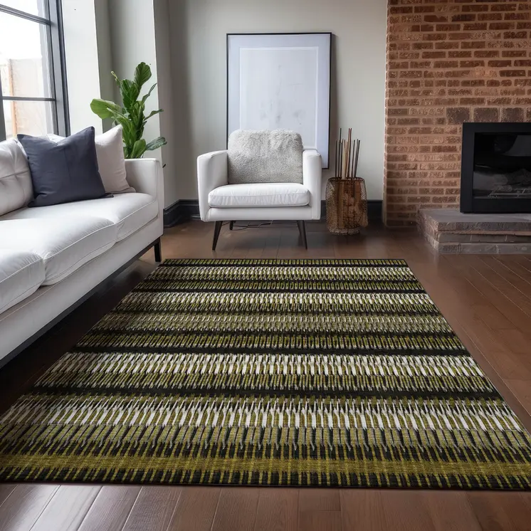 5' X 8' Brown Ivory And Black Striped Washable Indoor Outdoor Area Rug