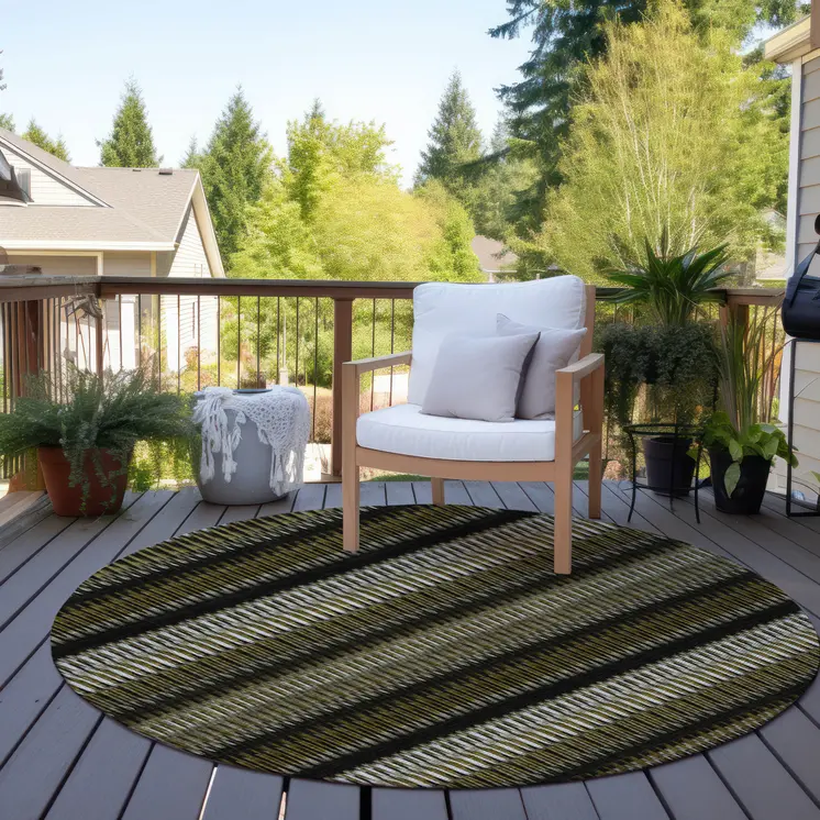 8' Brown Ivory And Black Round Striped Washable Indoor Outdoor Area Rug