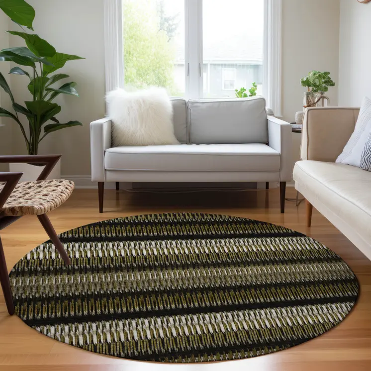 8' Brown Ivory And Black Round Striped Washable Indoor Outdoor Area Rug