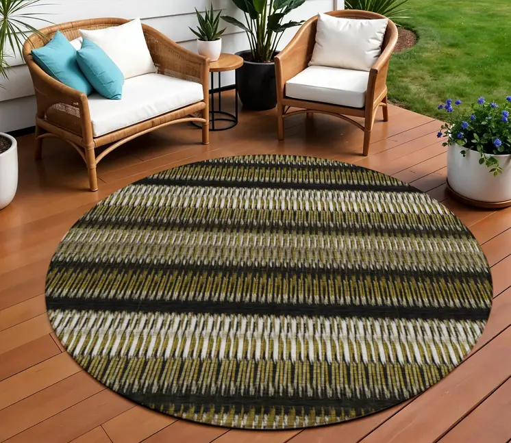 8' Brown Ivory And Black Round Striped Washable Indoor Outdoor Area Rug