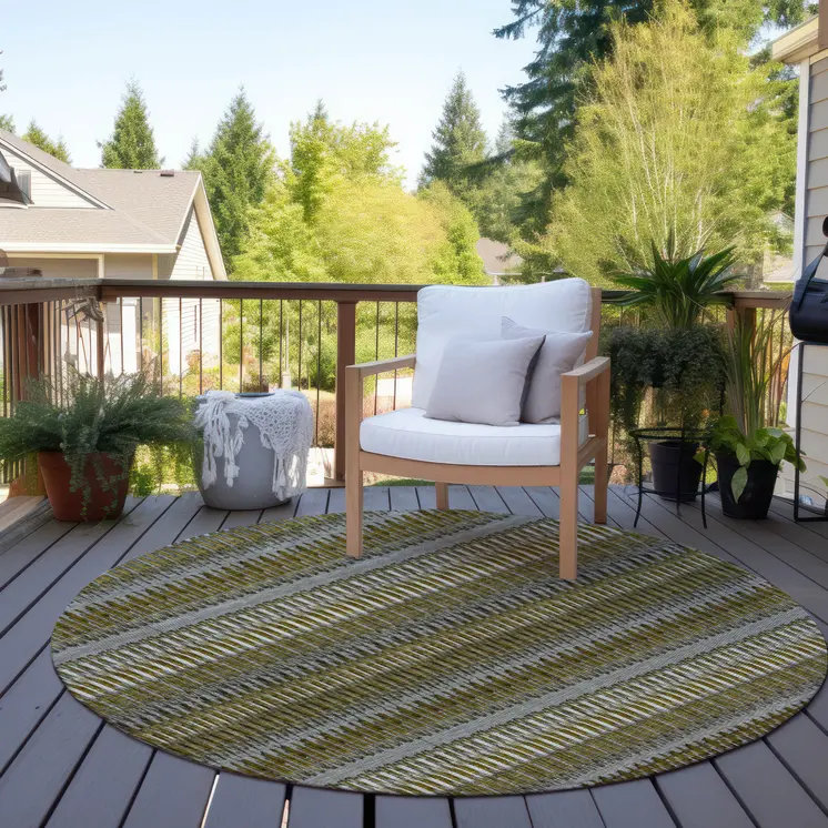 8' Coffee And Taupe Round Striped Washable Indoor Outdoor Area Rug