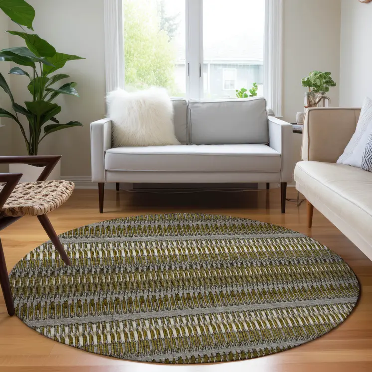 8' Coffee And Taupe Round Striped Washable Indoor Outdoor Area Rug