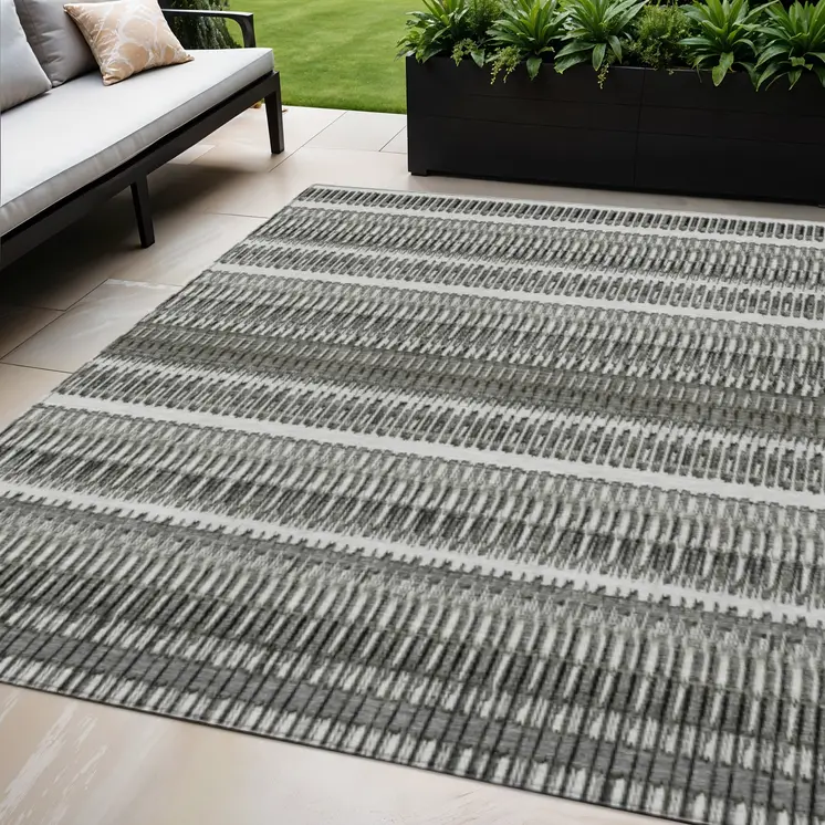 5' X 8' Gray Charcoal And Ivory Striped Washable Indoor Outdoor Area Rug