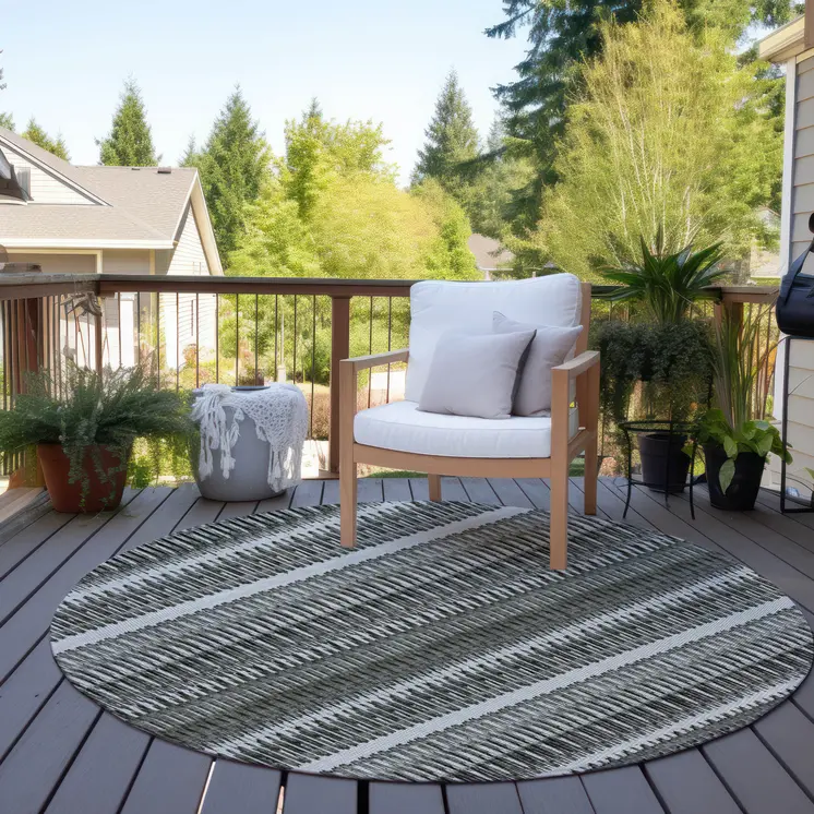 8' Gray Charcoal And Ivory Round Striped Washable Indoor Outdoor Area Rug