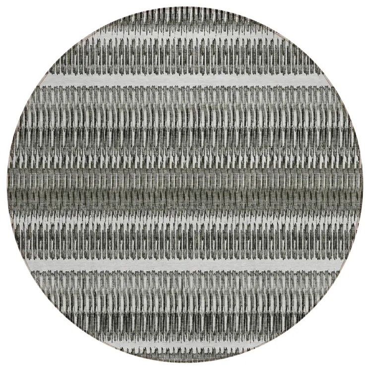 8' Gray Charcoal And Ivory Round Striped Washable Indoor Outdoor Area Rug
