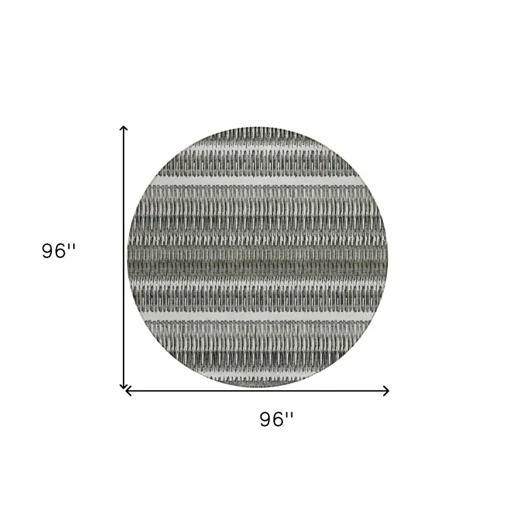8' Gray Charcoal And Ivory Round Striped Washable Indoor Outdoor Area Rug