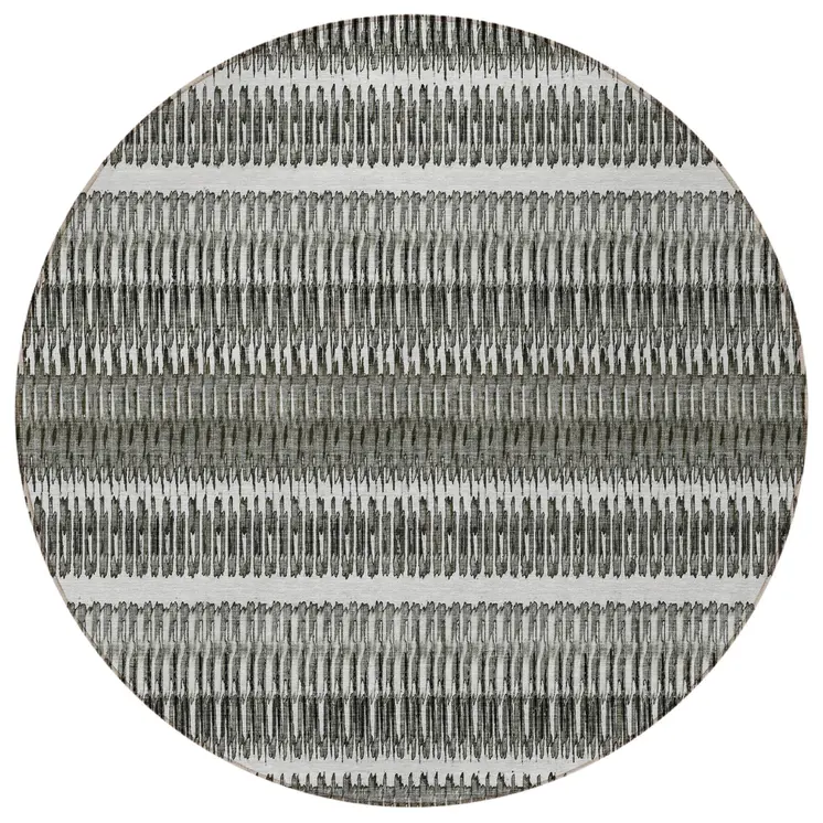 8' Gray Charcoal And Ivory Round Striped Washable Indoor Outdoor Area Rug