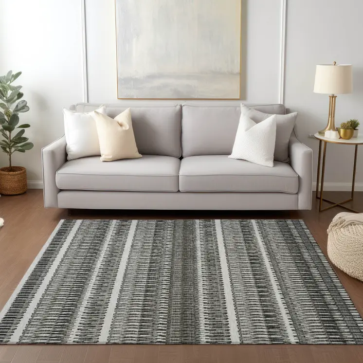 8' X 10' Gray Charcoal And Ivory Striped Washable Indoor Outdoor Area Rug