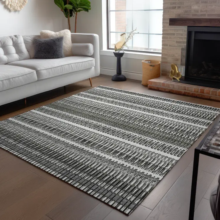 8' X 10' Gray Charcoal And Ivory Striped Washable Indoor Outdoor Area Rug