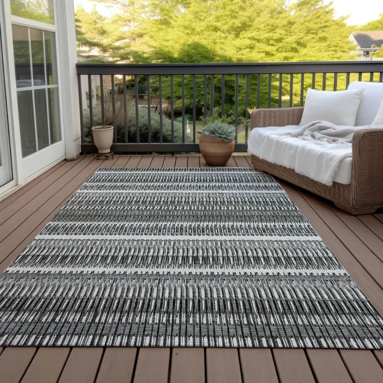9' X 12' Gray Charcoal And Ivory Striped Washable Indoor Outdoor Area Rug