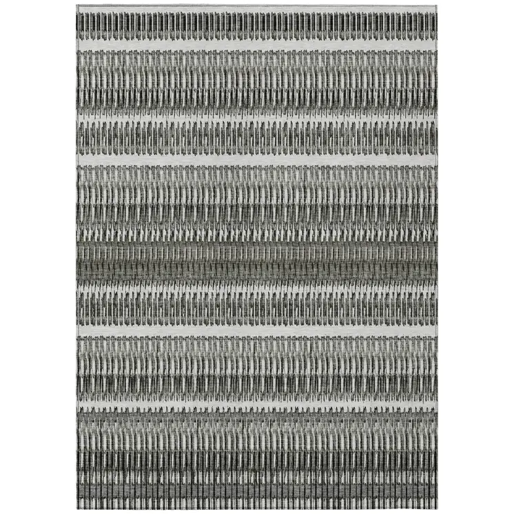 9' X 12' Gray Charcoal And Ivory Striped Washable Indoor Outdoor Area Rug