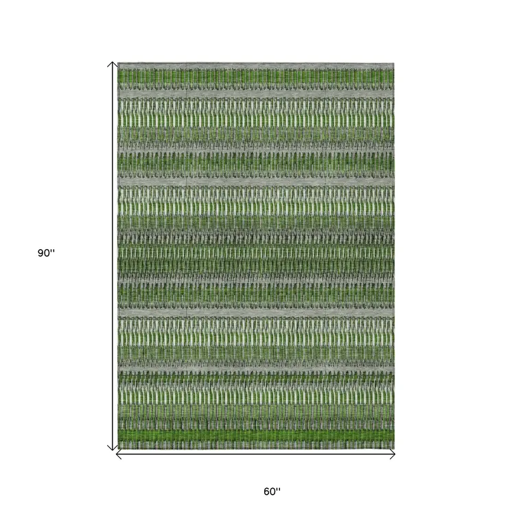 5' X 8' Green And Ivory Striped Washable Indoor Outdoor Area Rug