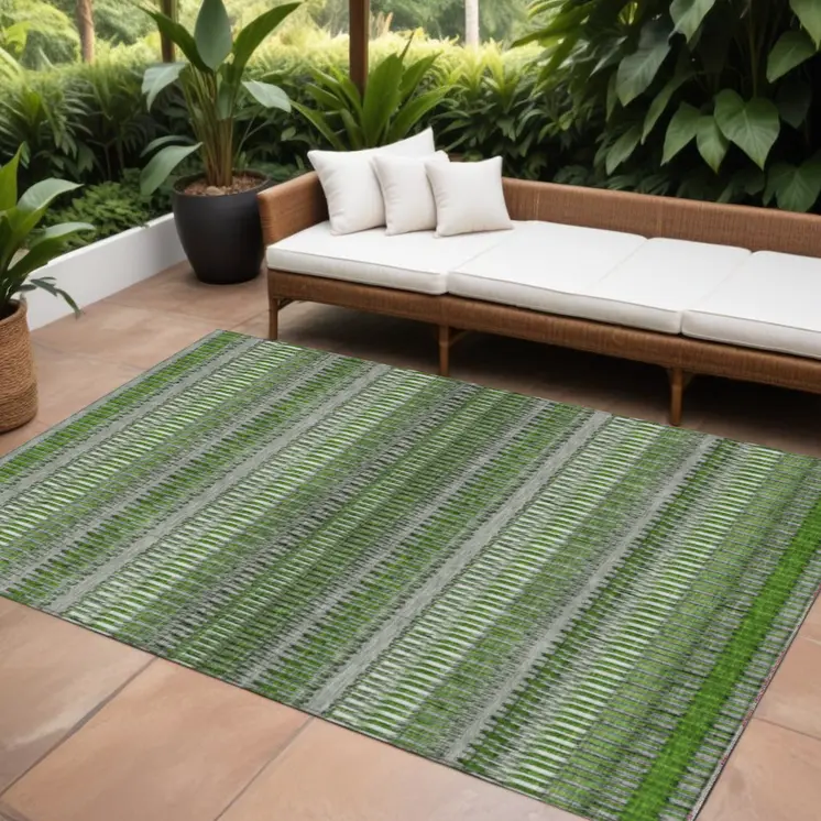 10' X 14' Green And Ivory Striped Washable Indoor Outdoor Area Rug