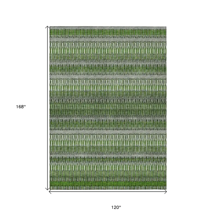 10' X 14' Green And Ivory Striped Washable Indoor Outdoor Area Rug