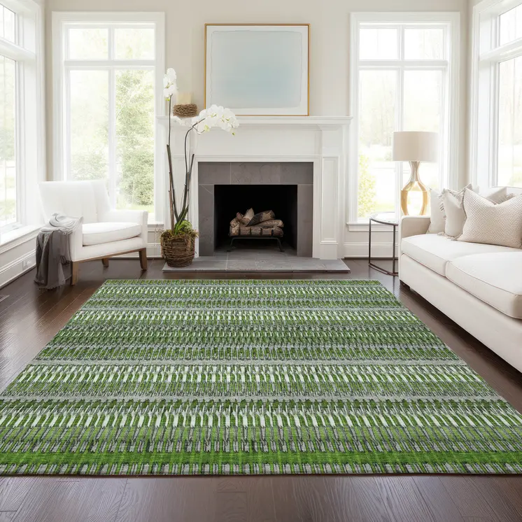 10' X 14' Green And Ivory Striped Washable Indoor Outdoor Area Rug