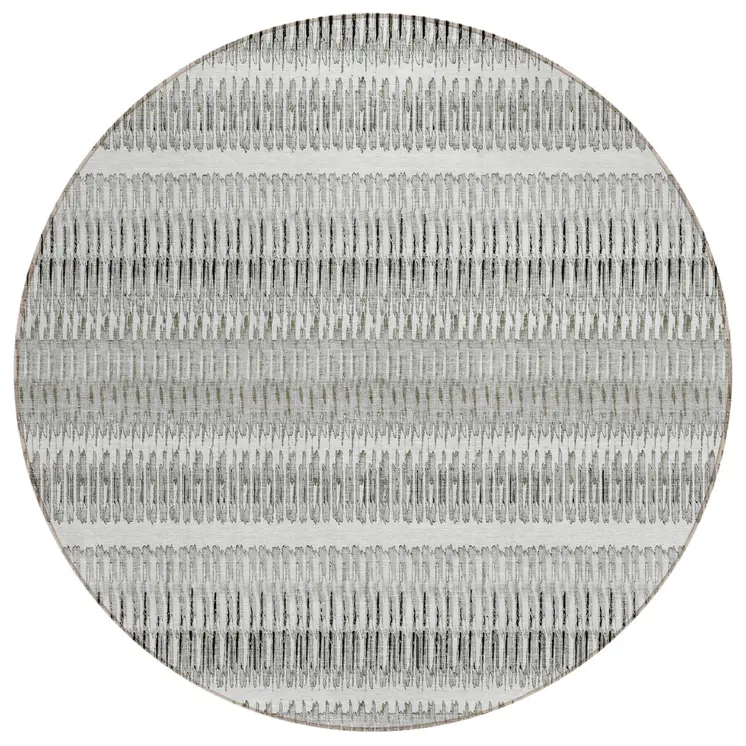 8' Ivory Gray And Taupe Round Striped Washable Indoor Outdoor Area Rug